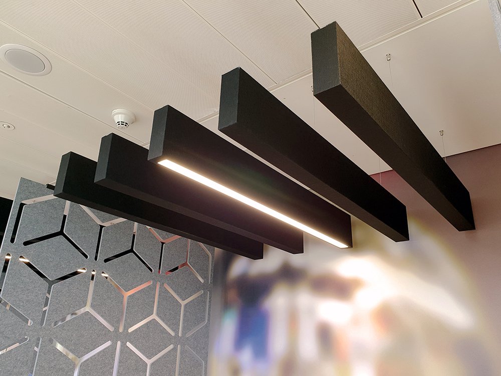 acoustic ceiling baffle with integral light fitting 
