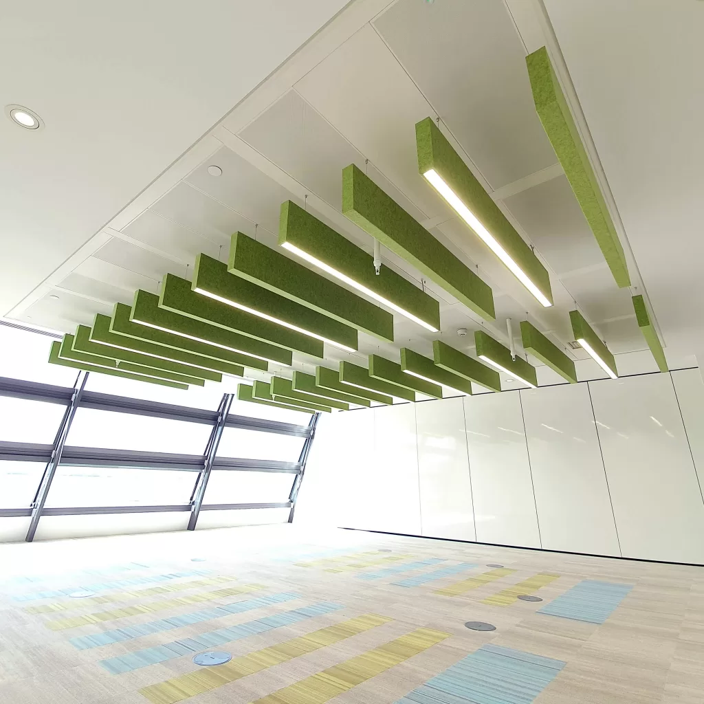 acoustic baffles and acoustic lighting in an office