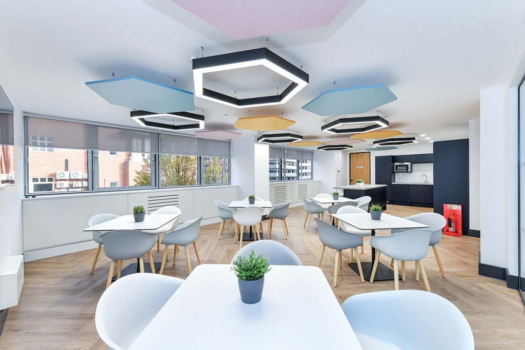 image showing acoustic ceiling rafts installed in an office.